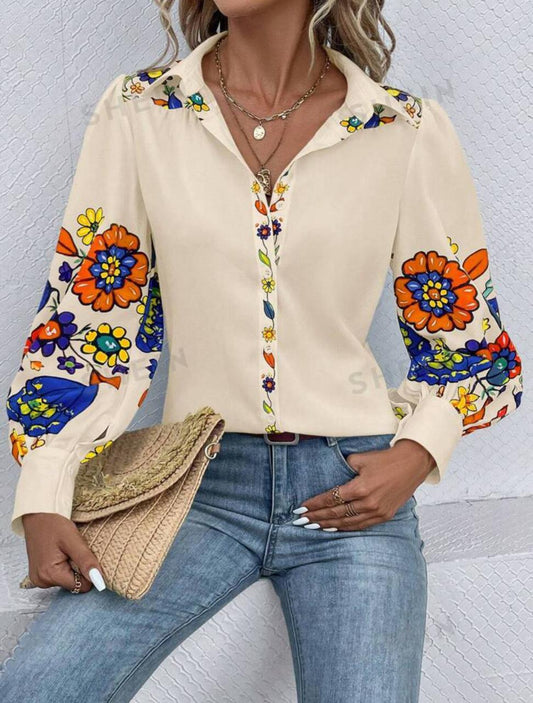 Flower Pattern Button Front Lantern Sleeve Shirt