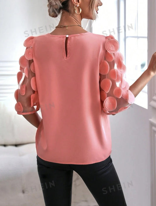 Applique Detail Mesh Bell Sleeve Blouse