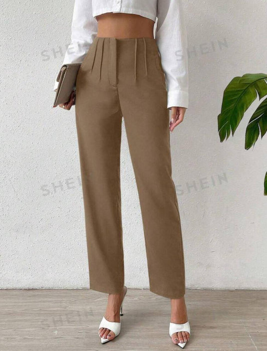 Solid Fold Pleated Straight Leg Pants