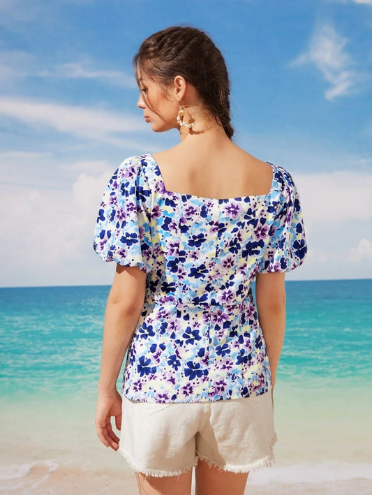 Floral Tie Front Sweetheart Neck Blouse