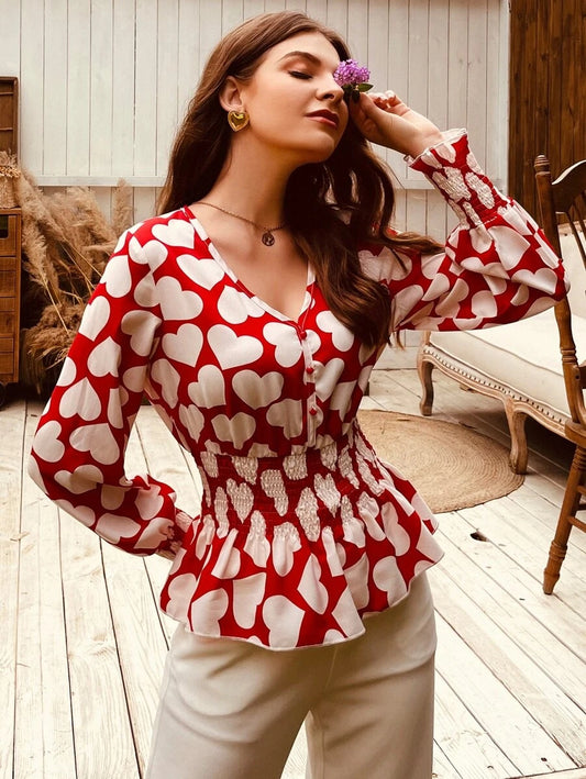 Button Front Shirred Heart Print Peplum Top