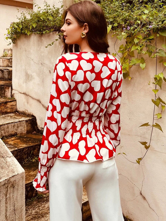 Button Front Shirred Heart Print Peplum Top