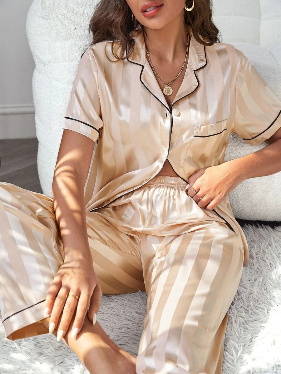 Pocket Detail Contrast Binding Satin PJ Set
