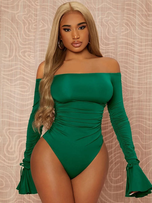 Off Shoulder Flounce Sleeve Ruched Bodysuit