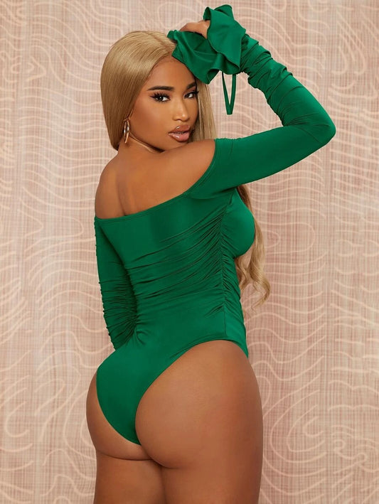 Off Shoulder Flounce Sleeve Ruched Bodysuit