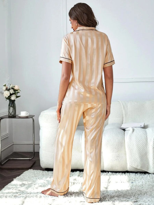 Pocket Detail Contrast Binding Satin PJ Set