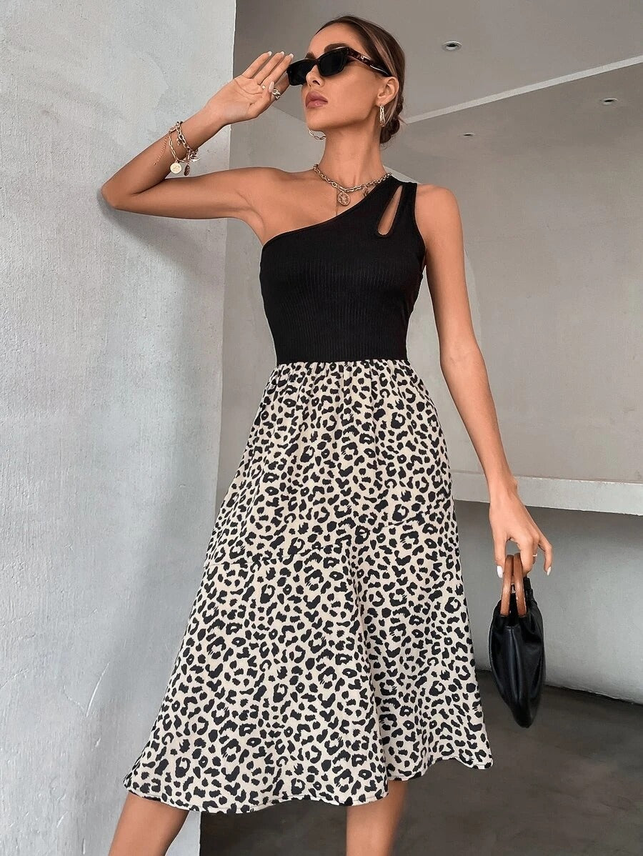 Contrast Leopard One Shoulder Cut Out Dress
