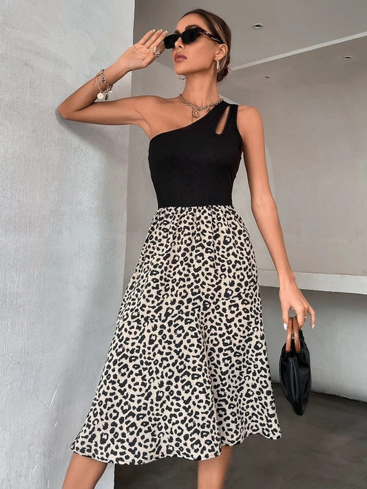 Contrast Leopard One Shoulder Cut Out Dress