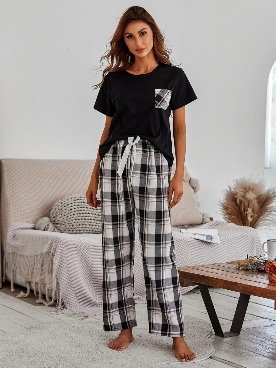 Plaid Patch Pocket Tee And Pants PJ Set