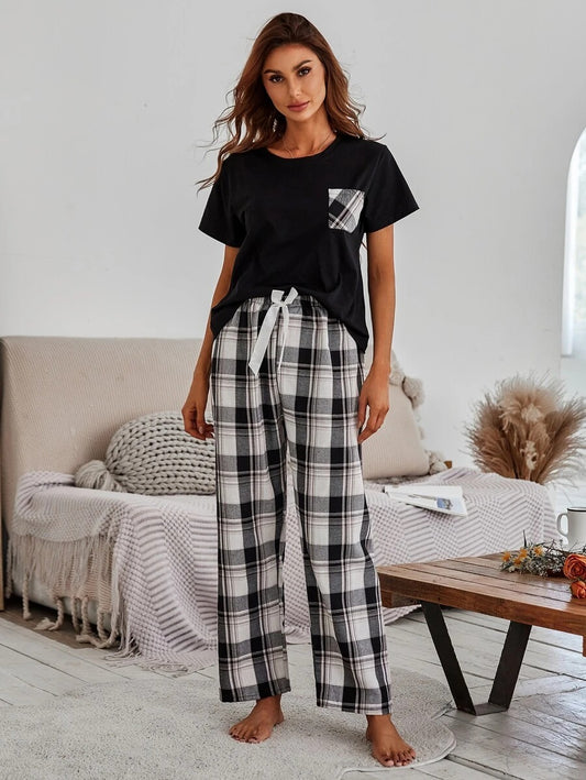 Plaid Patch Pocket Tee And Pants PJ Set