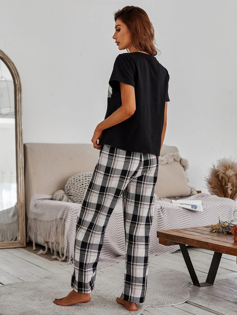 Plaid Patch Pocket Tee And Pants PJ Set