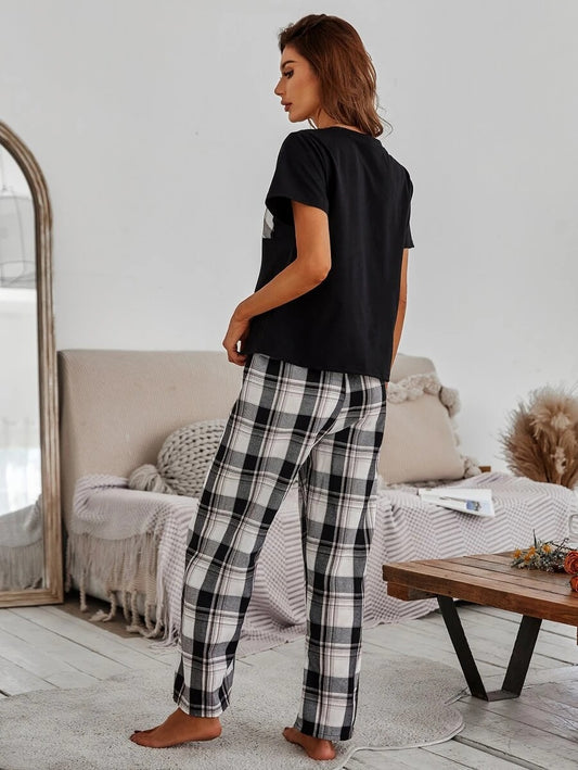 Plaid Patch Pocket Tee And Pants PJ Set