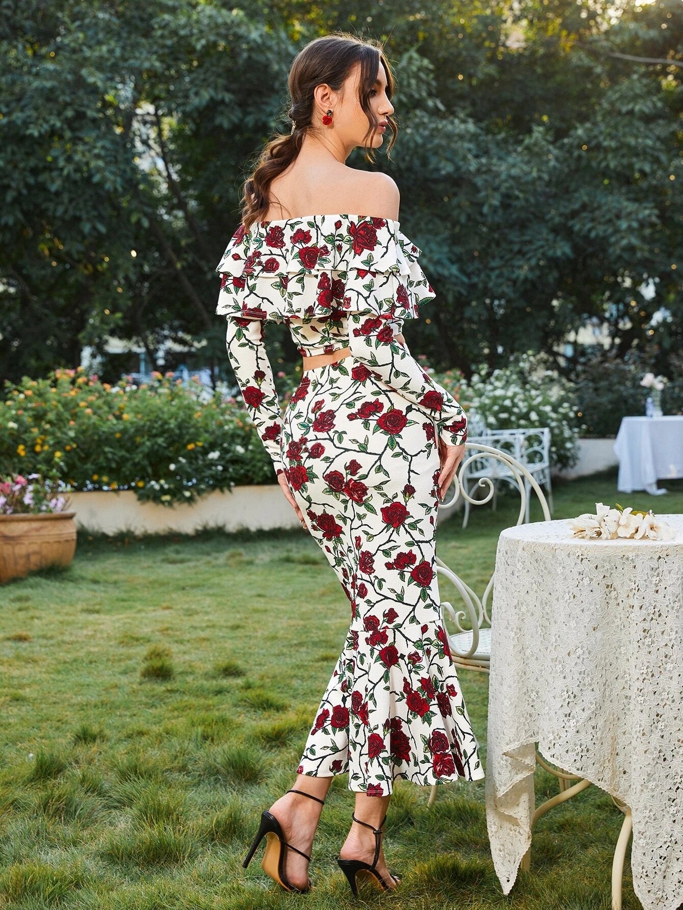 Floral Print Bardot Top And Mermaid Skirt Set Without Belt