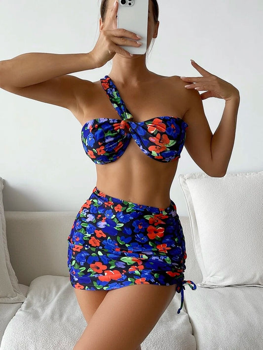 3pack Random Floral Print One Shoulder Bikini Swimsuit