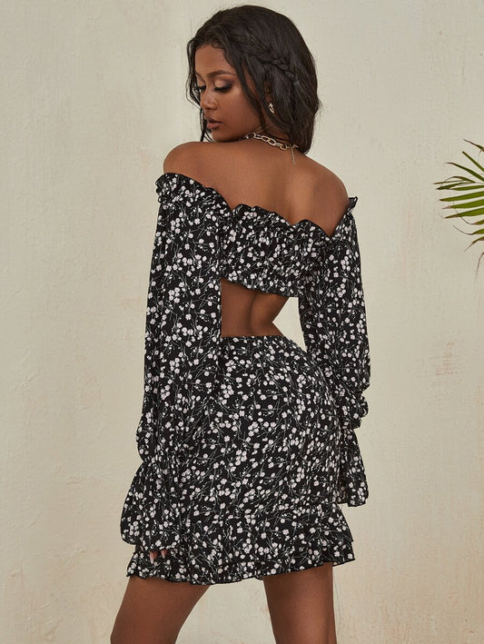 Ditsy Floral Print Off Shoulder Ruffle Trim Top & Skirt Set