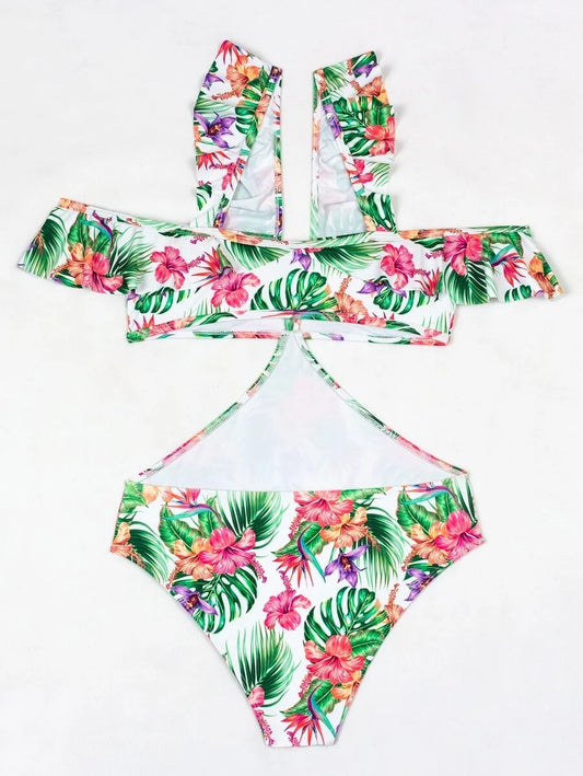 Floral & Tropical Ruffle Cut-out One Piece Swimsuit