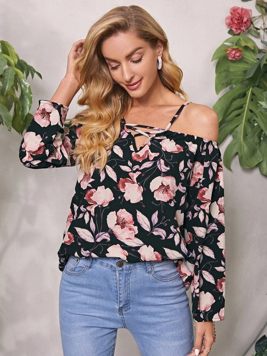 Halter Off Shoulder Crisscross Floral Print Top
