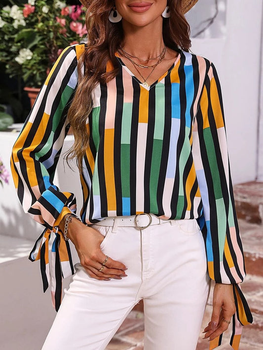 Striped Print Knot Cuff Blouse