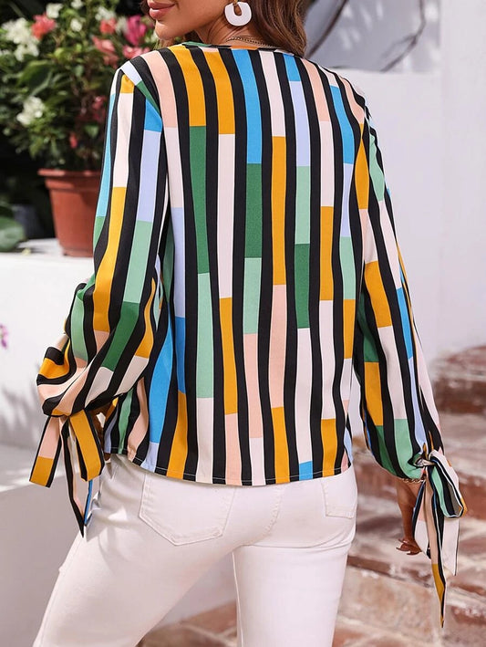 Striped Print Knot Cuff Blouse