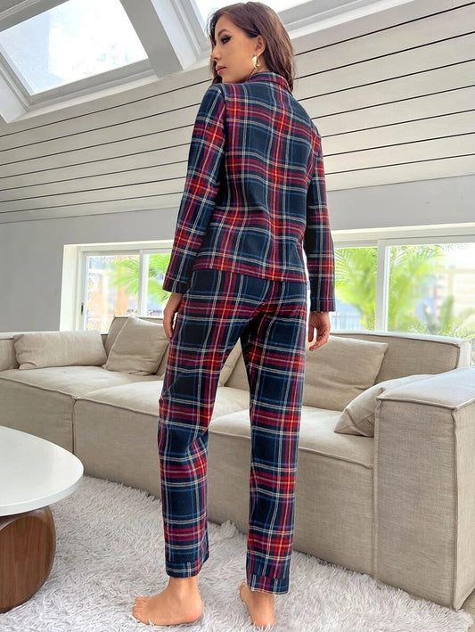 Tartan Print Contrast Piping PJ Set