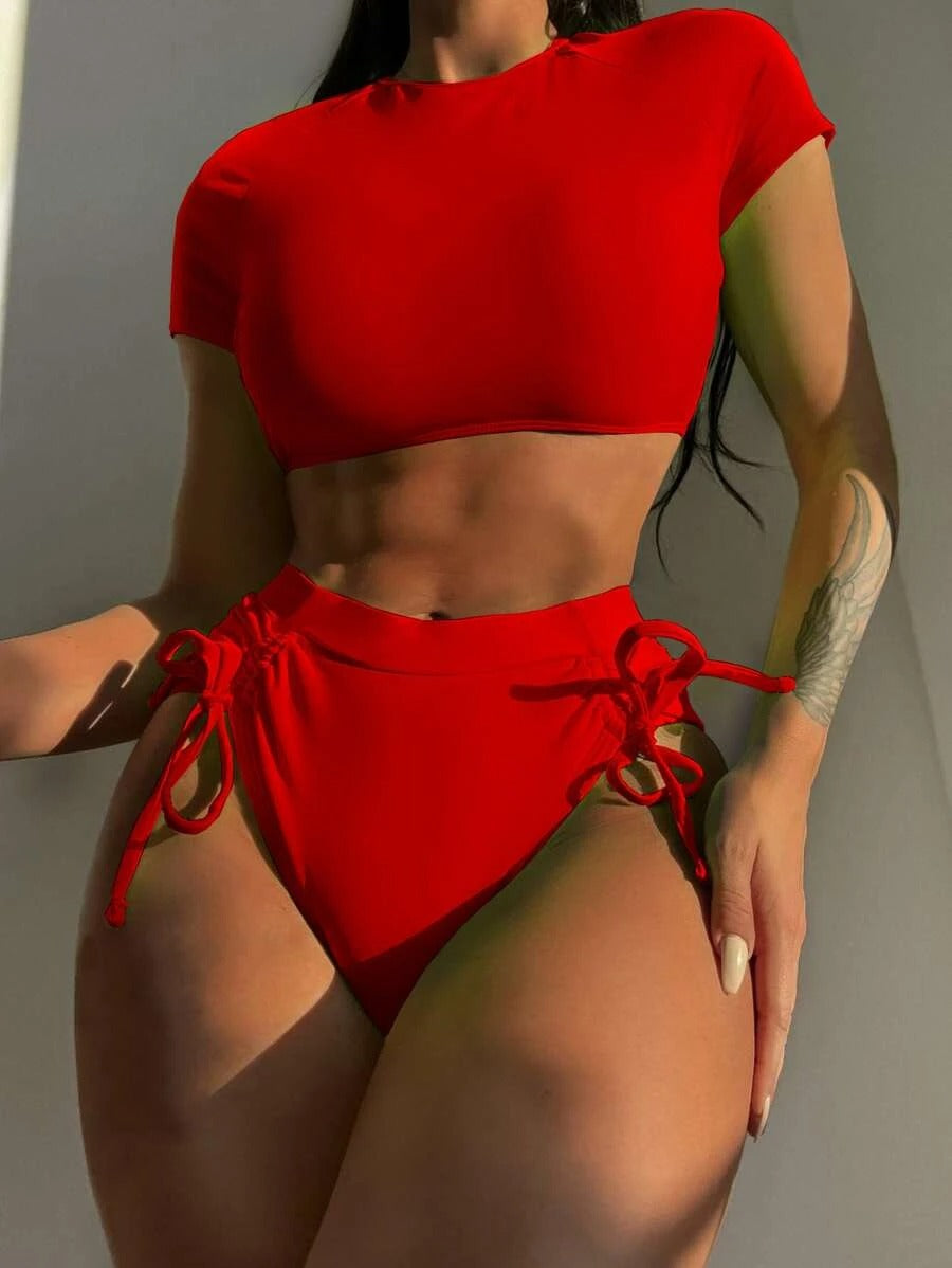 Lace Up Back High Waist Bikini Swimsuit