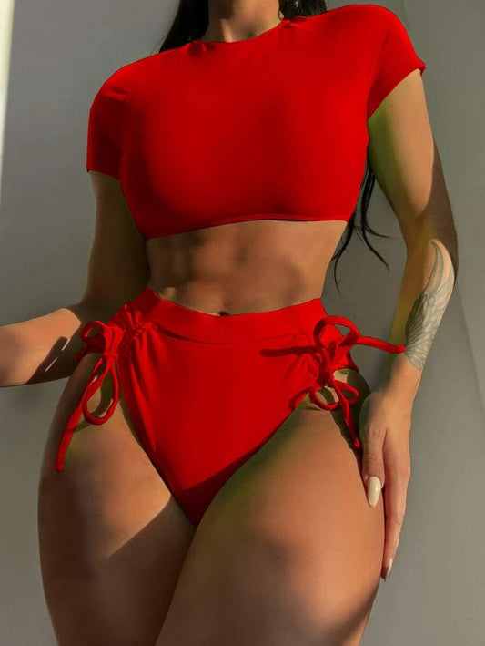 Lace Up Back High Waist Bikini Swimsuit