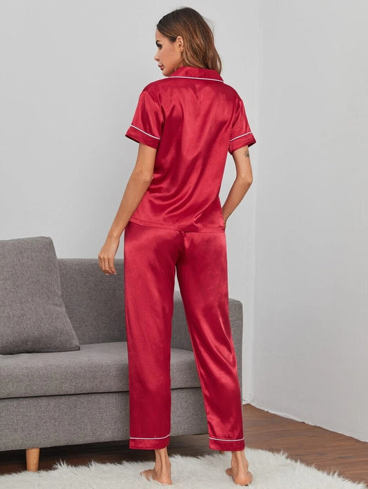 Satin Heart Embroidery Contrast Piping Night Set