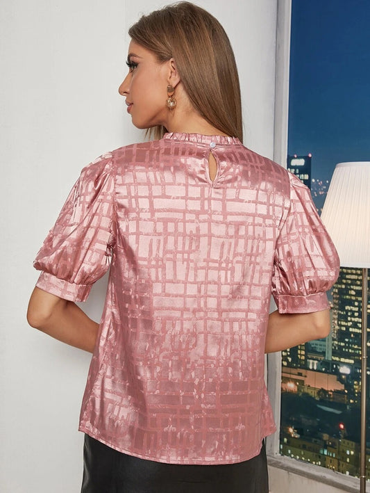 Jacquard Frill Neck Puff Sleeve Satin Blouse