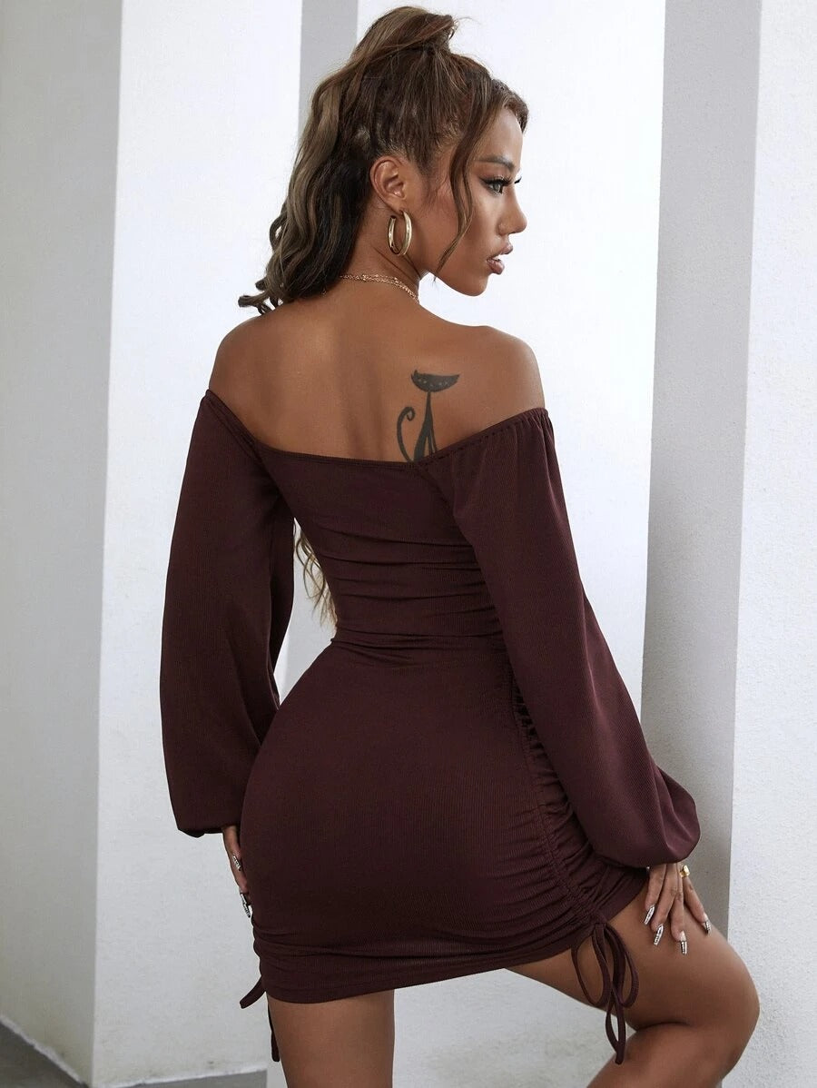 Off Shoulder Twist Front Drawstring Dress