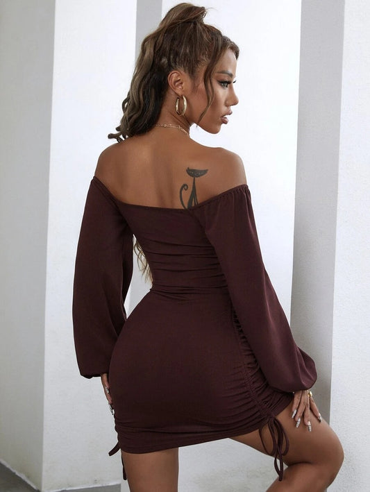 Off Shoulder Twist Front Drawstring Dress
