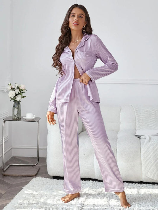 Striped Pocket Front Contrast Piping Satin PJ Set