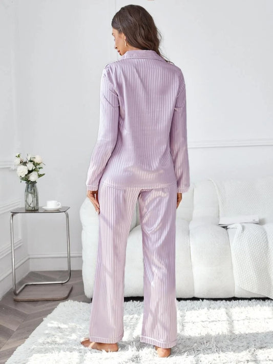 Striped Pocket Front Contrast Piping Satin PJ Set