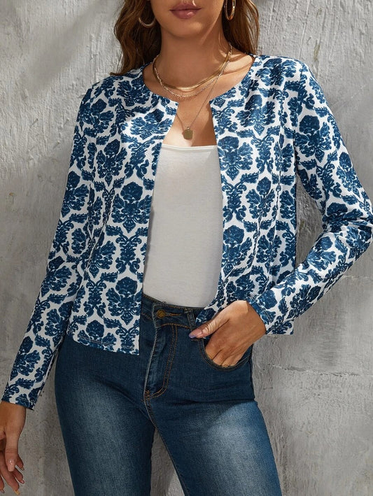 Damask Print Open Front Jacket