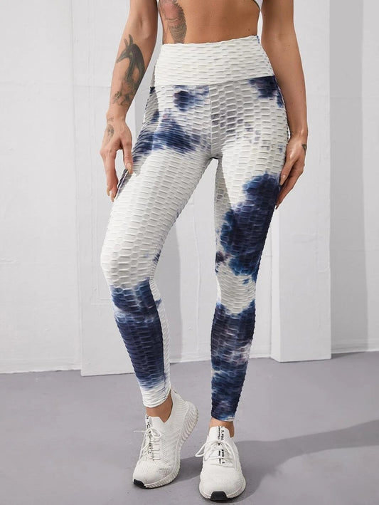 NAVY BLUE TIE DYE WIDE BAND WAIST ANTI-CELLULITE SPORTS LEGGING