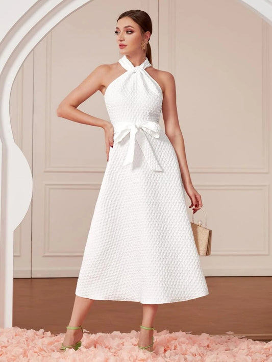 Argyle Pattern Belted Halter Dress