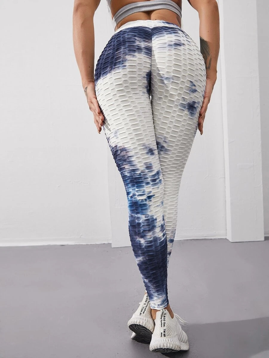 NAVY BLUE TIE DYE WIDE BAND WAIST ANTI-CELLULITE SPORTS LEGGING