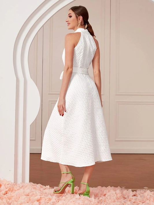 Argyle Pattern Belted Halter Dress