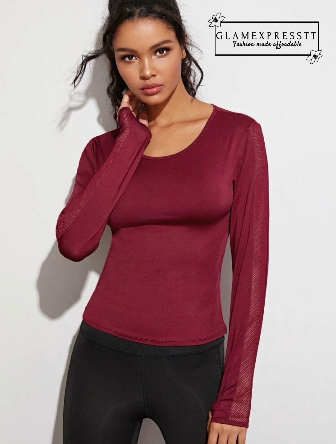 Burgundy Contrast Fishnet Sports Tee
