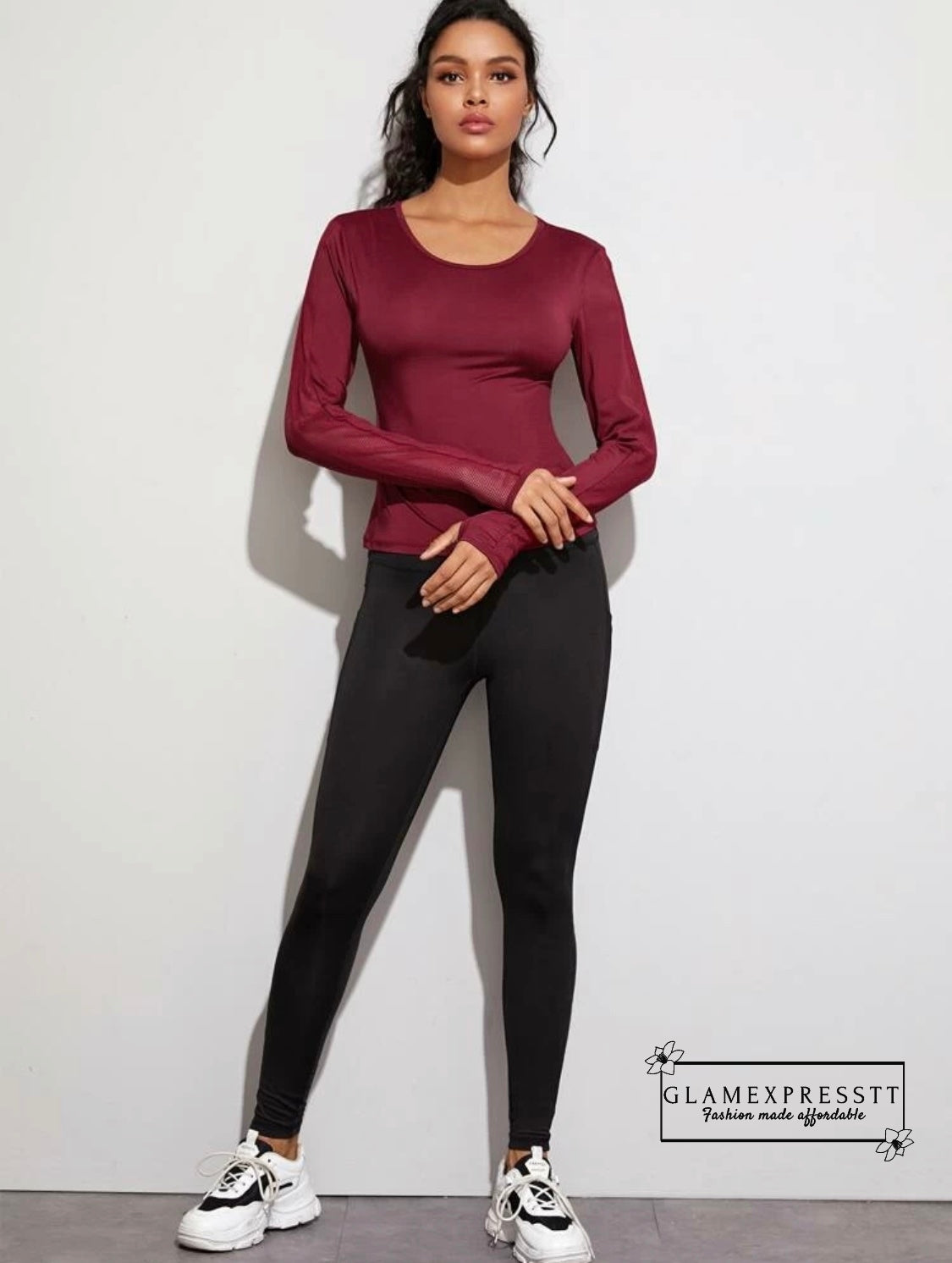 Burgundy Contrast Fishnet Sports Tee