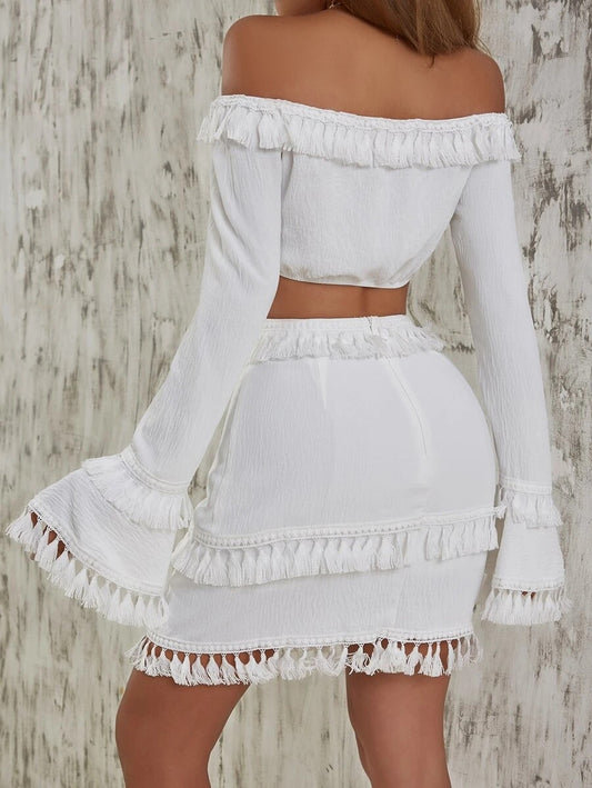 Off Shoulder Tassel Trim Top & Skirt Set
