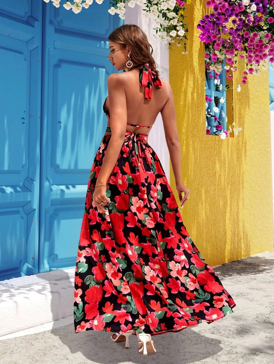 Floral Print Tie Backless Halter Top & Split Thigh Skirt