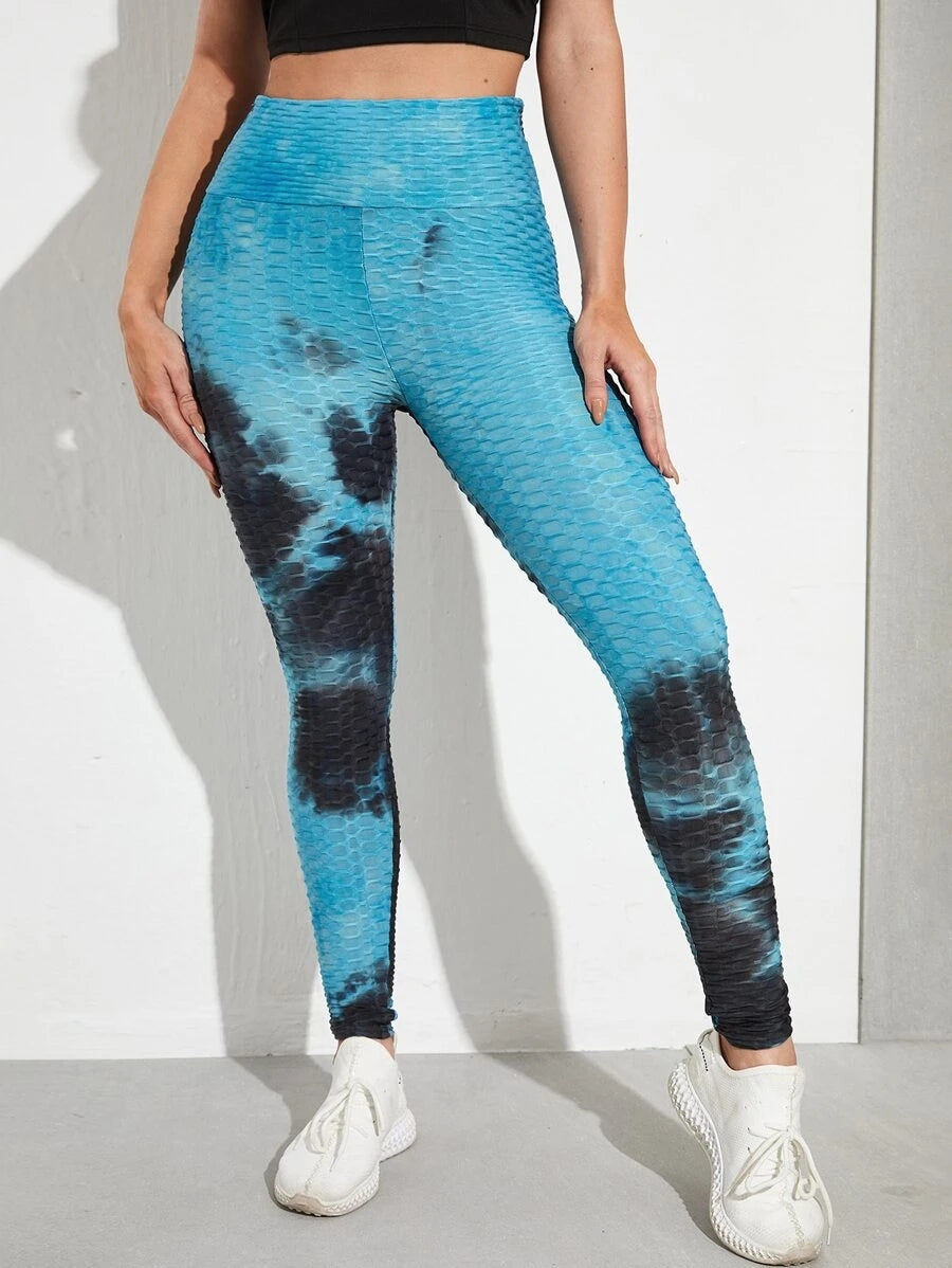 BLUE TIE DYE WIDE BAND WAIST ANTI-CELLULITE SPORTS LEGGING
