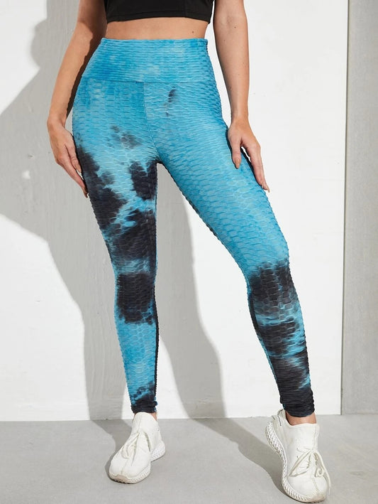 BLUE TIE DYE WIDE BAND WAIST ANTI-CELLULITE SPORTS LEGGING