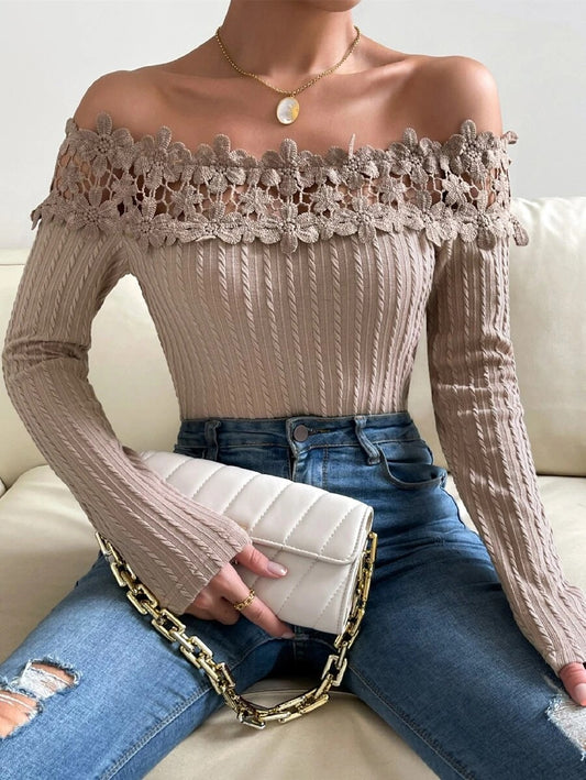 Off Shoulder Guipure Lace Trim Tee