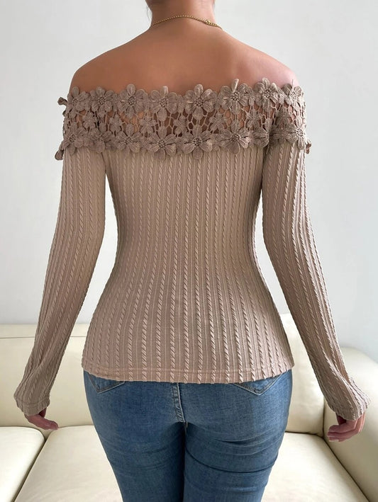 Off Shoulder Guipure Lace Trim Tee