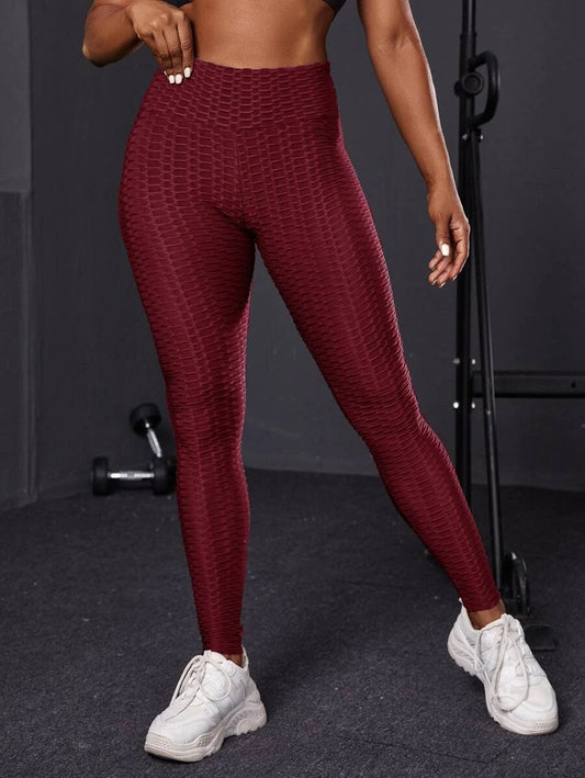 Burgundy Solid Honeycomb Textured Sports Leggings