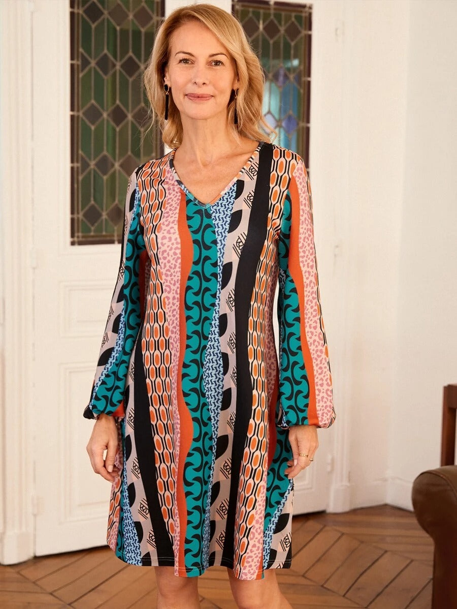 Geo Print Lantern Sleeve Dress Without Belt