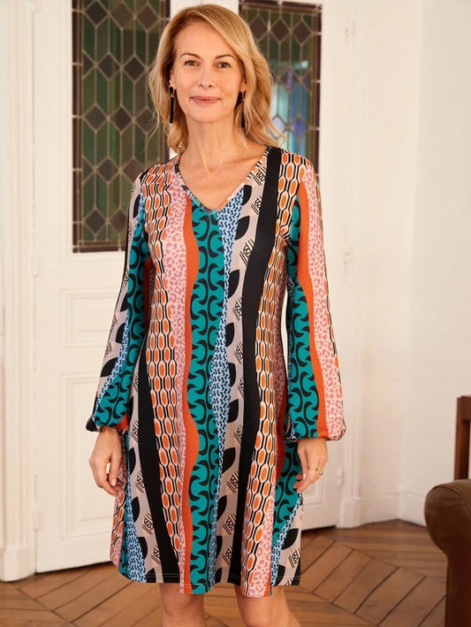 Geo Print Lantern Sleeve Dress Without Belt