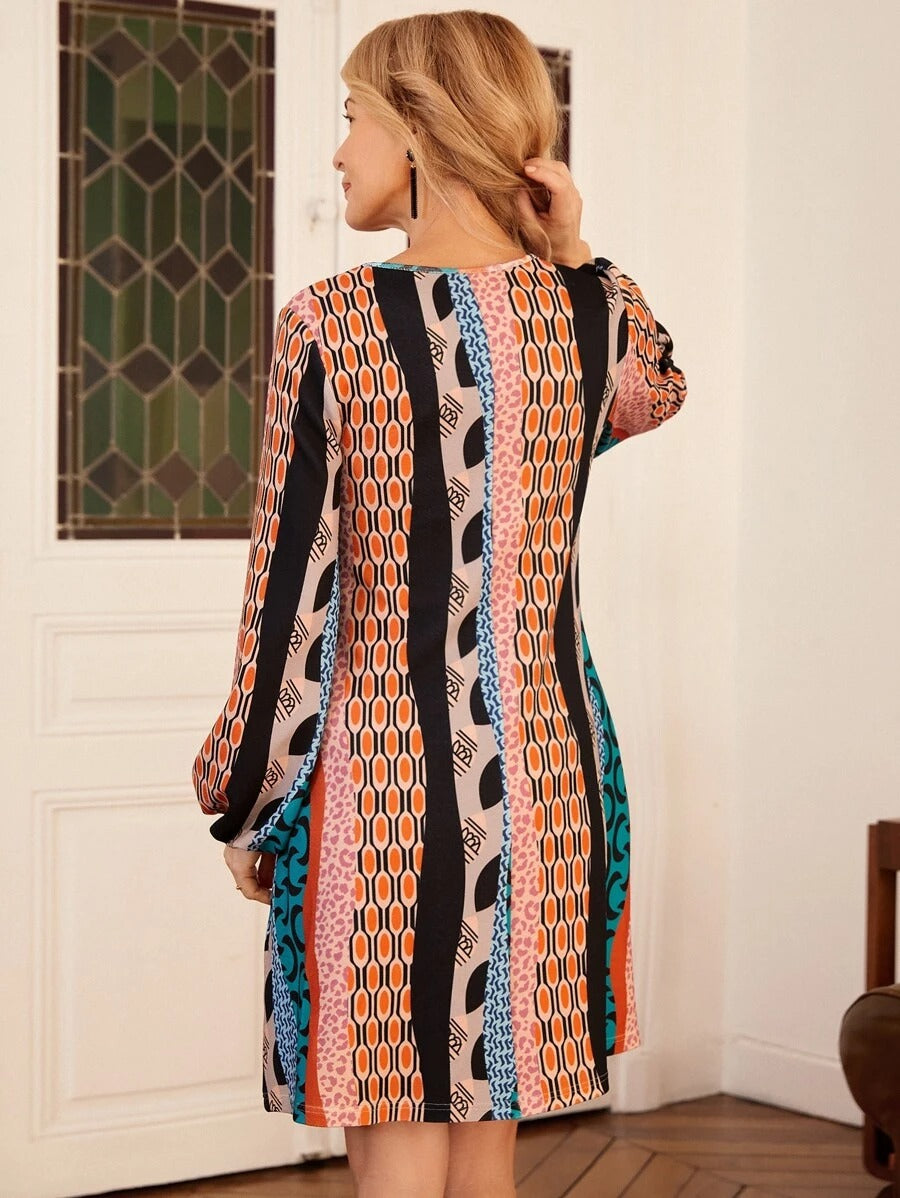 Geo Print Lantern Sleeve Dress Without Belt