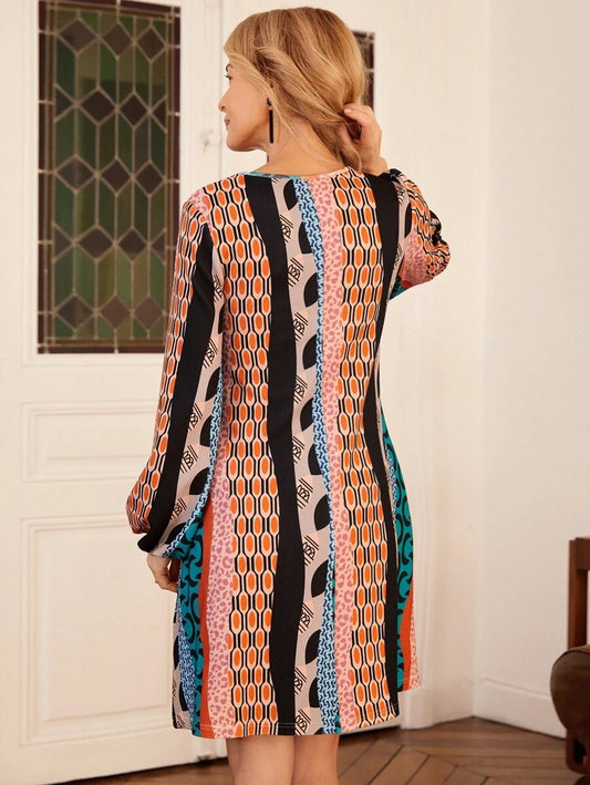 Geo Print Lantern Sleeve Dress Without Belt